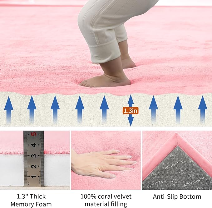 ACOMOPACK Baby Play Mat for Floor,1.3" Thick Memory Foam Area Rug for Living Room,Soft Velvet Crawling with Non-Slip Bottom for Kid,Toddler,59"×71" Tummy Time Nursery Rugs,Yoga（Pink）-CasaMuseHome