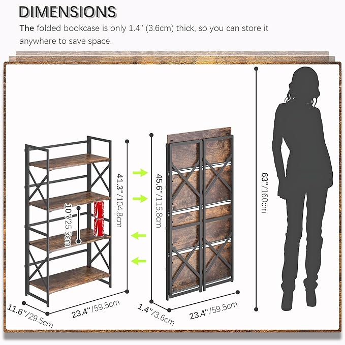 4NM 4 Tiers No Assembly Book Shelves, 41.3" H Folding Bookshelf Bookcase Open Industrial Foldable Shelves for Bedroom, Living Room, Home Office - Rustic Brown Black-CasaMuseHome
