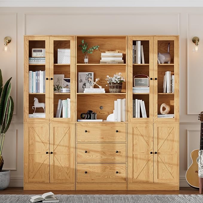 71" Tall Bookshelves Set of 3, 1 Bookcase with Drawers & 2 Bookshelves with Doors, Wooden Floor Standing Display Storage Shelves for Home Office, Living Room-CasaMuseHome