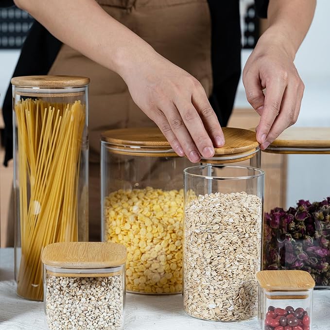 108oz 42oz Straight cylindrical Airtight Storage Jars with Bamboo Lid Set of 2 Large Storage Container Gallon Glass Jars, for Flour, Pasta and Coffee bean (with Black Lable)-CasaMuseHome