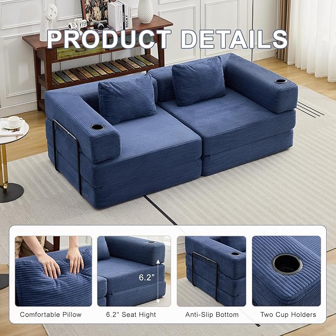 78" W Loveseat Sofa, 4 in 1 Convertible Floor Sofa Bed, Boneless Cloud Couch with Cup Holder, Fold Out Floor Couch, Loveseat Recliner Sleeper for Living Room Bedroom Lounge(Corduroy, White)-CasaMuseHome