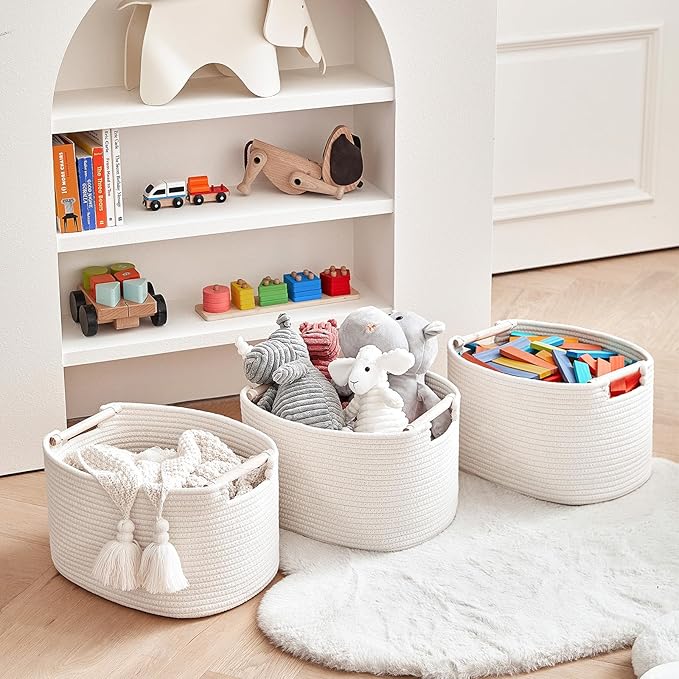 3 Pack Storage Basket for Cabinet and Toy Organization - 13"x9.8"x8.7" Baskets for Storage - Baby Toy Bin - Toy Storage Organizer - Ideal for Empty Gift Baskets to Fill-White-CasaMuseHome