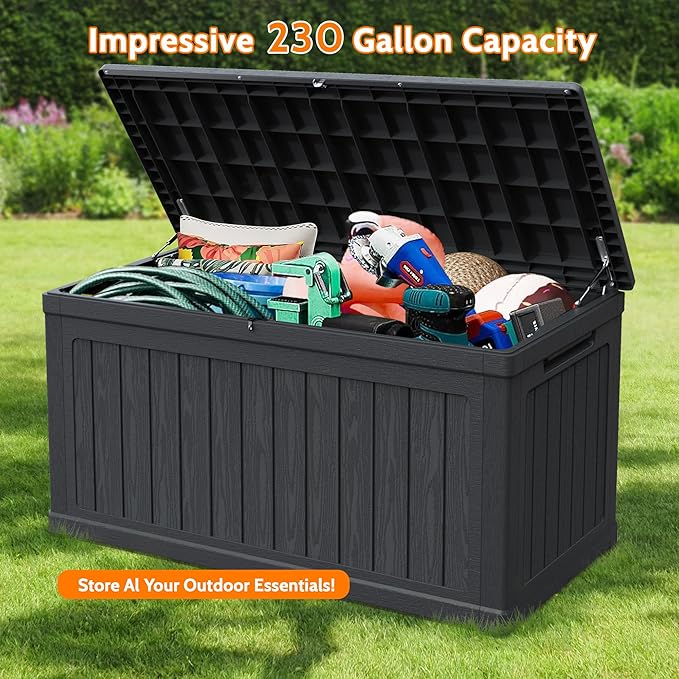 260 Gallon Double-Wall Resin Deck Box - Lockable Waterproof Outdoor Storage Box, 1000lbs Capacity & Doubles as Seating for Patio Furniture - Garden Tools, Pool Accessories (Black)-CasaMuseHome
