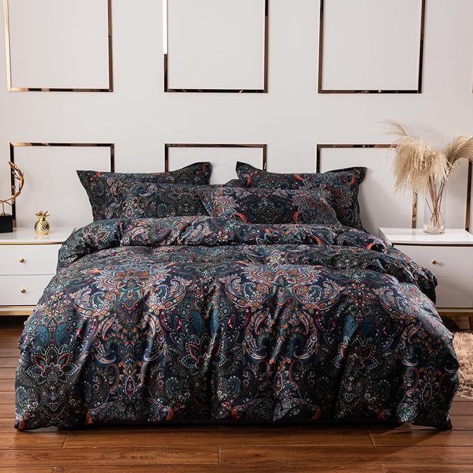 ABREEZE Luxury Vintage Black Duvet Cover Sets Damask Paisley Bedding Set Retro 100% Brushed Cotton Zipper Closure Bedding Collection Twin Size-CasaMuseHome