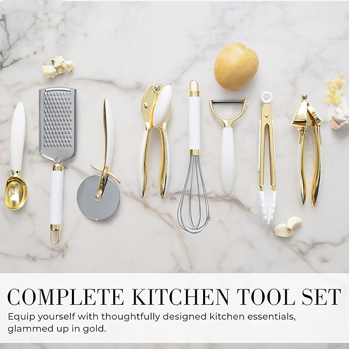 Styled Settings White and Gold Kitchen Utensils Set – 16-Piece Silicone Cooking Utensils with Measuring Cups and Spoons-CasaMuseHome