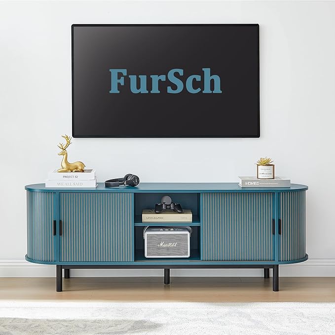 62" Tambour Door TV Stand,Wood Mid Century Modern TV Cabinet for Up to 75“ TV,Curved Edge Long TV Stand with Storage for Bedroom Living Room(62.2inch,Blue)-CasaMuseHome