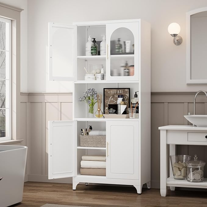 75" Tall Kitchen Pantry Cabinet, Metal Storage Cabinets with Acrylic Doors and Adjustable Shelves, Hutch Cabinet with Storage, White Microwave Stand Cabinets for Dining Living Room-CasaMuseHome