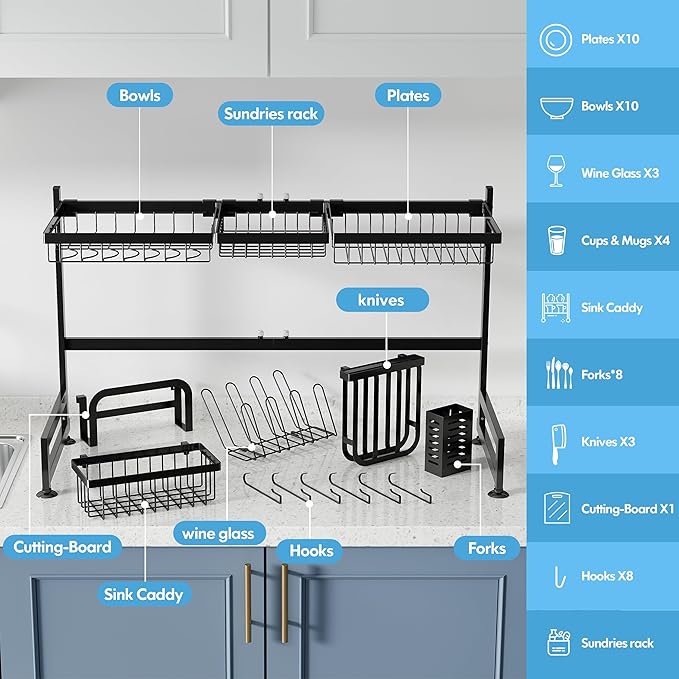 2 Tier Extra Large Stainless Steel Expandable Over The Sink Dish Drainer Drying Rack, Rust Proof Metal, Space Saving, Modern Black Big Capacity Extendable Plate Strainers Above Kitchen Counter-CasaMuseHome