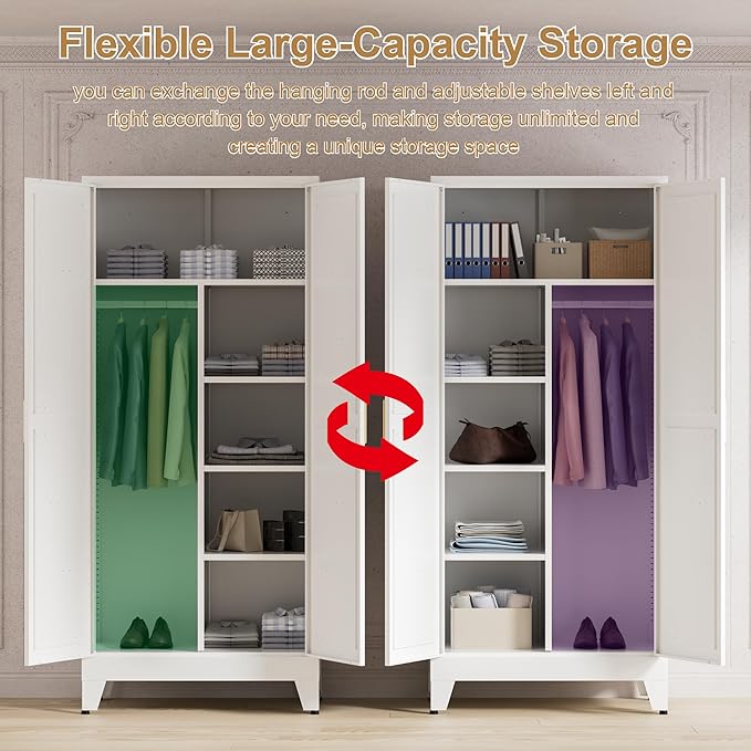 71'' Farmhouse Metal Wardrobe Cabinet with Hanging Rod, 2 Barn Door Wardrobe Closet with 5 Adjustable Shelves,Drawer,for Dining Room,Bedroom,Living Room, Cloak Room,Office (White)-CasaMuseHome