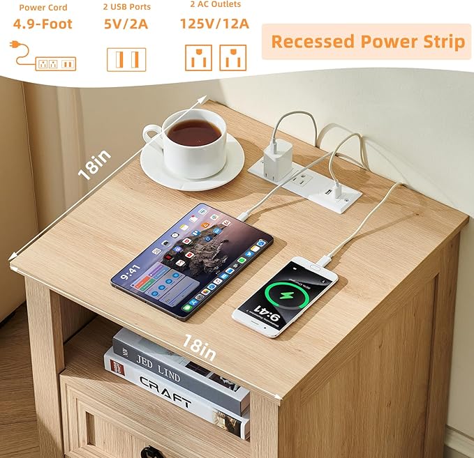 18" Farmhouse Night Stand with Charging Station, 2 Drawers Bedside End Table, Natural Wooden Nightstand, Bed Side Table Cabinet with Open Shelf for Bedroom Living Room Office-CasaMuseHome