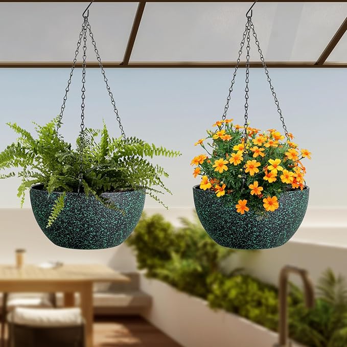 8 inch Small Hanging Planters for Indoor Outdoor Plants, 2 Pack Hanging Flower Pots with Drainage Holes and Chain, Plastic Hanging Baskets for House Plants, Black with Green Speckles-CasaMuseHome