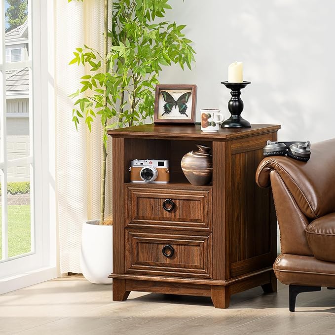 18" Farmhouse Night Stands Set of 2 with Charging Station, 2 Drawers End Table Dresser for Bedroom, Brown Wooden Nightstand, Bed Side Table with Open Shelf, Bedside Cabinet for Living Room-CasaMuseHome