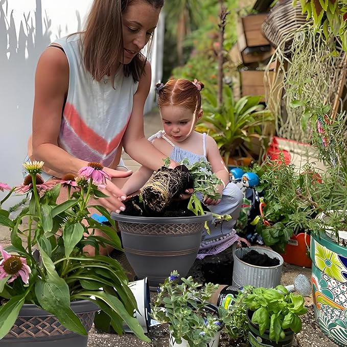 4 Pack 12 Inch Large Plant Pots, Plastic Flower Pot for Indoor & Outdoor with Drainage Holes & Saucer, Plaid Pattern Planters Garden Pots for Herbs Bronze-CasaMuseHome