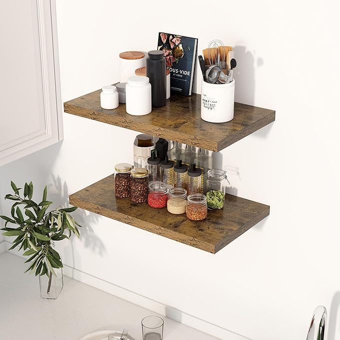 24" Floating Shelves for Wall, 12" Deep Slim Rustic Brown Floating Shelves, Wall-Mounted Shelves for Bedroom, Living Room, Kitchen, Bathroom - Set of 2-CasaMuseHome