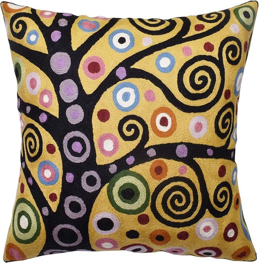 Klimt Yellow Tree of Life Pillow Cover Gold Floral Pillowcase Flower Botanical Gold Accent Suzani Sofa Cushions Kids Room Cushions Hand Embroidered Wool Size - 18x18-CasaMuseHome