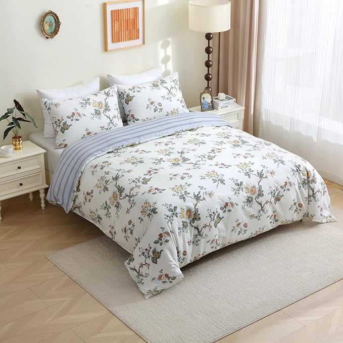 ABREEZE Floral Duvet Cover Queen Size Set Bird Flowers Bedding Set 100% Brushed Cotton Bedding Collection 1 Duvet Cover with 2 Pillowcases White-CasaMuseHome