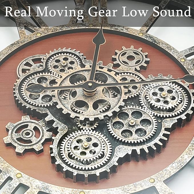 30Inchs Moving Gears Wall Clock, Oversized Wall Clocks, Clock Living Room Decor, Solid Wood Frame, Battery Operated, Large Wall Clock with Steampunk Industrial for Fireplace(Black Walnut)-CasaMuseHome