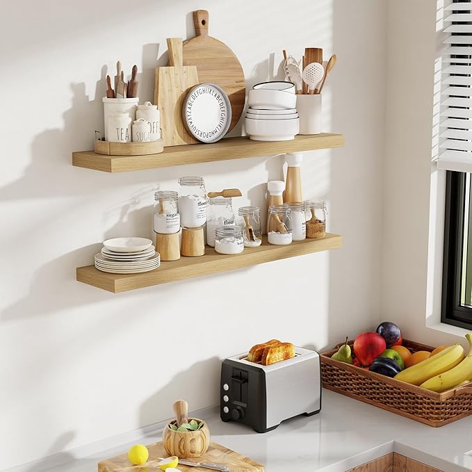 36 Inch Floating Shelves, 8 Inch Deep Floating Shelves for Wall, Hanging Shelf with Invisible Brackets, Deep Shelves for Bathroom, Bedroom, Living Room, Oak, Set of 2-CasaMuseHome