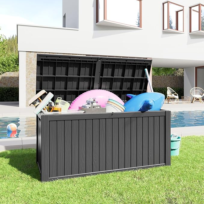 180 Gallon Resin Deck Box, Lockable Patio Outdoor Storage Box for Furniture, Garden Tools and Tools Storage, Waterproof Outside Storage Boxes - Black-CasaMuseHome