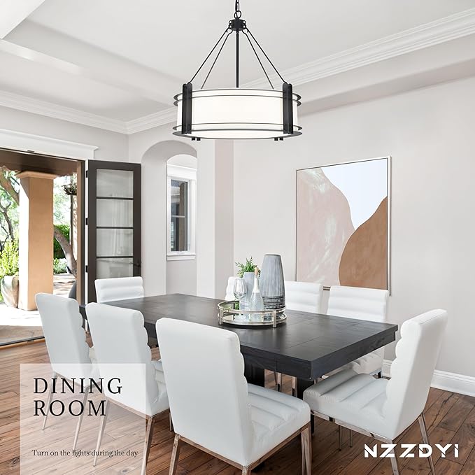 20.4''Drum Chandelier,5-Light Fabric Modern Chandeliers,Black Farmhouse Round Pendant Light Fixture for Dining Room Kitchen Island Living Room Bedroom Hallway-CasaMuseHome