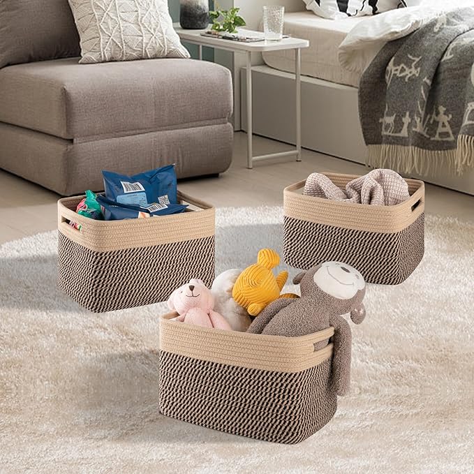 4 Pack Storage Baskets for Organizing, Woven Baskets for Shelves - Perfect for Toys, Books, Towels, and Clothes, Durable Gift Basket Bins Toy Storage, 13''L x9''W x7.8''H, Black and Brown-CasaMuseHome