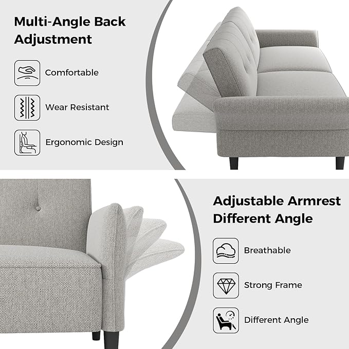 89” Futon Sofa Bed, Linen Comfy Futon Couch Bed with 2 Square Pillows, Convertible Sleeper Sofa with Adjustable Backrest& Armrests, Modern Loveseat Sleeper for Living Room, Bedroom, Light Gray-CasaMuseHome