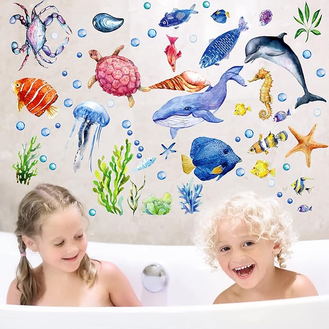 52 Pcs Ocean Fish Wall Decals Glow in The Dark Under The Sea Wall Decals Sea Animals Stickers Removable Waterproof Peel and Stick for Kids Bathroom Watercolor Ocean Decor(Cute Style)-CasaMuseHome