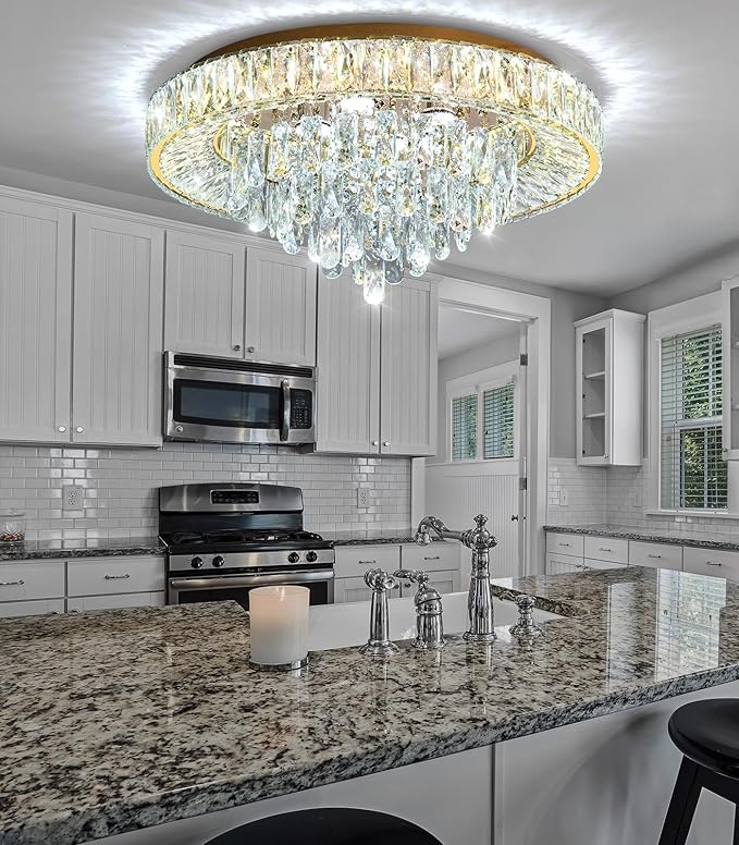 23.6'' Modern Crystal Chandeliers LED Dimmable Flush Mount Ceiling Chandeliers for Living Room Entrance Foyer Bedroom Gold-CasaMuseHome