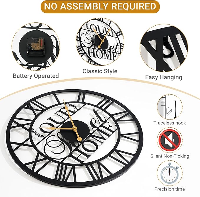 20inches/50cm Wall Clocks Roman Numeral Battery Powered No Ticking Silent Modern Unique Metal Wall ClocksSuitable Living Room Kitchen Bedroom Fireplace Office Farmhouse-CasaMuseHome