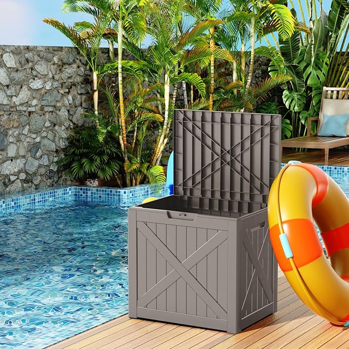 32 Gallon Resin Deck Box, Lockable Outdoor Storage Box for Patio Cushions Storage Furniture,Garden Tools, Pool Supplies, Weatherproof and UV Resistant (Grey X)-CasaMuseHome