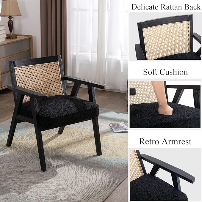 Accent Rattan Chair, Faux Fur Upholstered Living Room Chairs with Cane Back, Retro Mid Century Modern Cane Chair Armchair for Reception Reading Indoor Outdoor, Black-CasaMuseHome