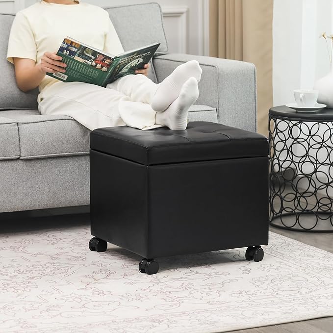 Adeco 17.7" Leather Ottoman with Wheels, Black Square Rolling Ottoman with Storage, Upholstered Button Tufted Vanity Stool with Hinged Lid for Living Room, Bedroom, Dorm-CasaMuseHome