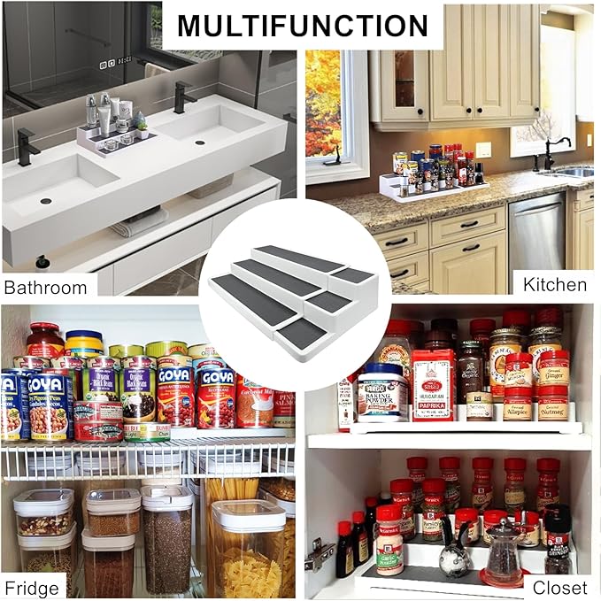 3 Tier Expandable Spice Rack Organizer, Plastic Spice Rack, Adjustable Length 14.6In-25.8In, Non-Skid Tiered Spice Shelf Organizer for Kitchen Cabinet, Cupboard, Pantry, White/Grey-CasaMuseHome