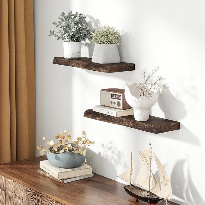 24" Floating Shelves, Live Edge Solid Elm Wood Floating Shelf, Wall Mounted Display Shelves with Heavy-Duty Bracket for Books, Rustic Wooden Shelf for Kitchen, Bathroom, Walnut Color, Set of 2-CasaMuseHome