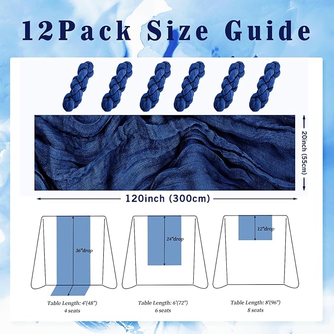 10FT 12 Pack Royal Blue Cheesecloth Table Runner 20 x 120 Inch Long Rustic Gauze Cheese Cloth Table Runner for Wedding Bridal Baby Shower Table Decorations Boho Fabric Sheer Birthday Party Table Decor-CasaMuseHome