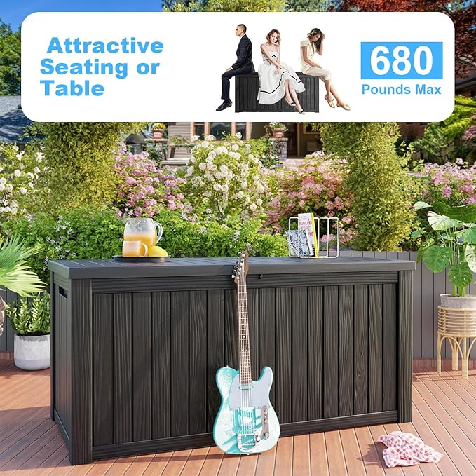 180 Gallon Deck Box,Resin Outdoor Storage Box with Lockable for Patio Furniture, Pool Accessories, Garden Tools Waterproof Outside Storage Box, Black-CasaMuseHome