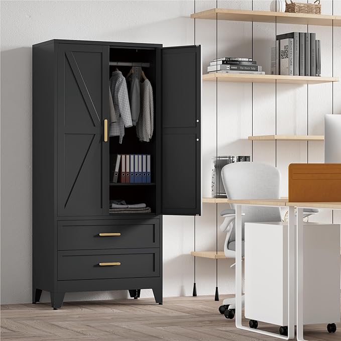 71'' Farmhouse Metal Wardrobe Cabinet with Hanging Rod, 2 Barn Door Wardrobe Closet with Adjustable Shelves,2 Drawer,for Dining Room,Bedroom,Living Room, Cloak Room,Office (Black)-CasaMuseHome