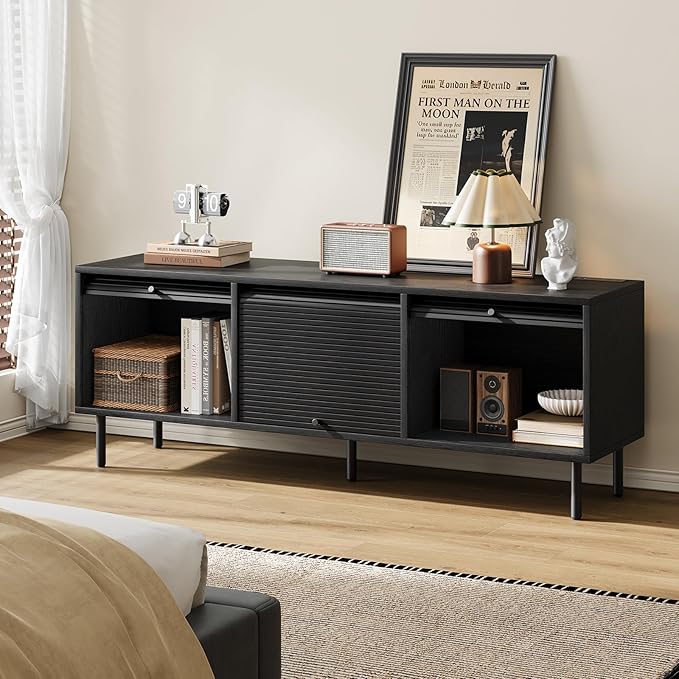 59 Inch TV Stand with Power Outlet for TVs up to 65 Inch, Entertainment Center with Storage, Mid-Century Modern TV Console, Adjustable Shelf & Sliding Doors, TV Stand for Living Room, Bedroom, Black-CasaMuseHome