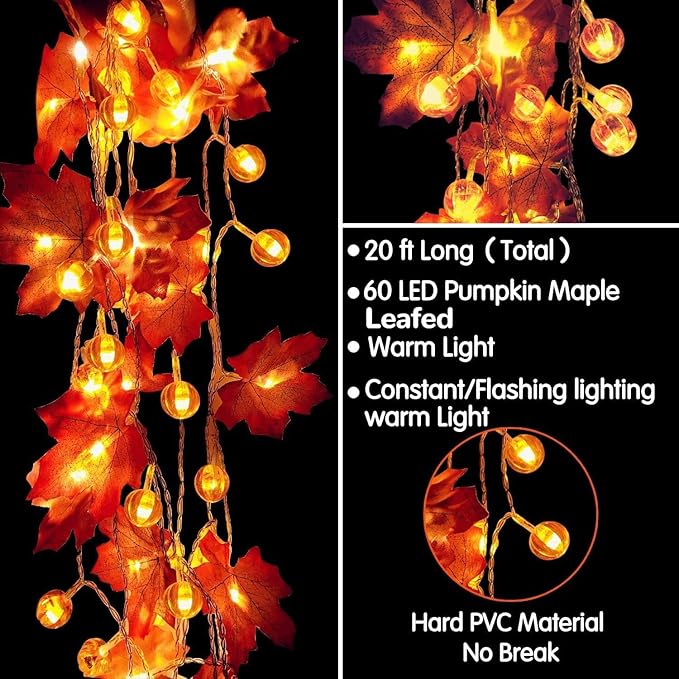 2 Pack Fall Garland with Pumpkin Lights Halloween Decorations Indoor 60 LED 20 Ft Enlarged Maples Leaves Fall Lights Battery Operated Halloween Garland Thanksgiving Decor Home Indoor Outdoor Christmas-CasaMuseHome