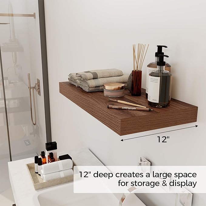 12 Inch Deep Floating Shelves, 24 x 12 Floating Shelf for Books, Rustic Wood Deep Wall Shelves for Home Storage & Display, 2" Thicked Shelves for Kitchen, Living Room, Bedroom, Walnut Color, 1 Pack-CasaMuseHome