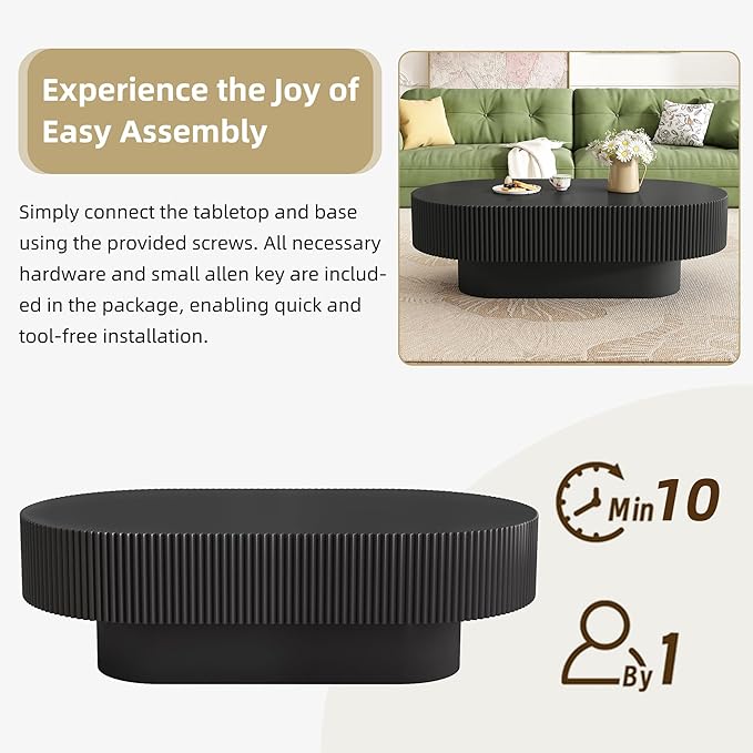 43.3" Oval Fluted Coffee Table Modern Elegant Drum End Table, Minimalist Center Table 7.8" Thick Tabletop with Sturdy Base for Living Room, Bedroom, Apartment,Easy Assembly, Black-CasaMuseHome