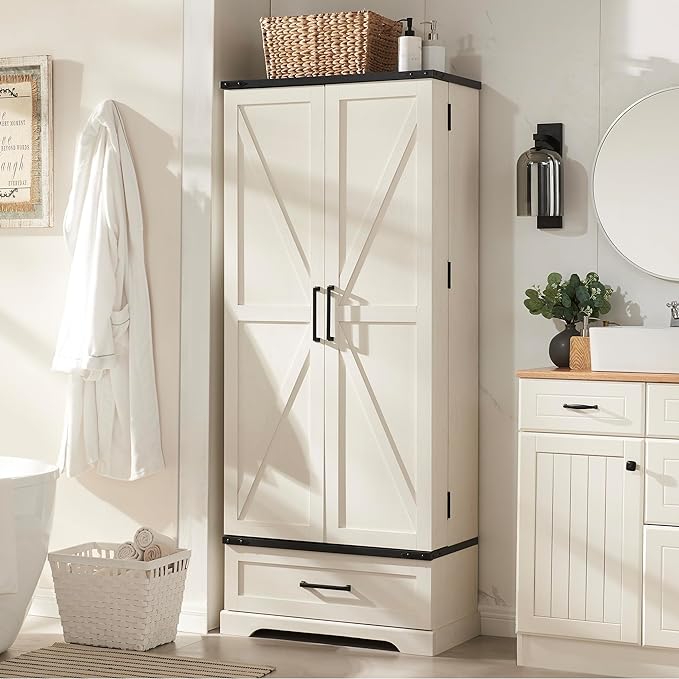 72" Farmhouse Kitchen Pantry Cabinet with Drawer, Tall Storage Cabinet with 2 Barn Doors and Shelves, Versatile Large Rustic Cupboard for Dining Room, Bathroom, Living Room, Laudry, White-CasaMuseHome