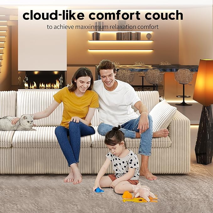 118" 3-Seater Cloud Sofa,Modular Sectional Couch,Modern Deep Seat Upholstered Couches with Plush Corduroy Fabric for Living Room Furniture,Bedroom and Apartment,No Assembly Required,White-CasaMuseHome