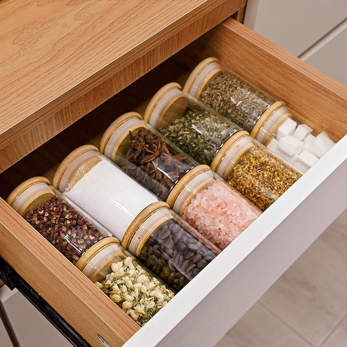 8oz Glass Food Storage Jars, Glass Jars with Bamboo Lids, Kitchen Storage Jars, Set of 12, Canisters with Airtight Lids for Spice, Coffee, Cookie, Pantry Organizers-CasaMuseHome