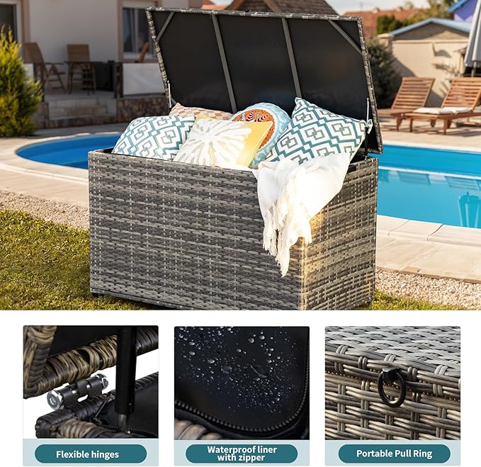 178 Gallon Outdoor Storage Box, Patio Deck Box with 2 Wheels, Handle Large Portable Wicker Rattan Deck Box for Patio Furniture Cushions, Throw Pillows, Garden Tools and Pool Floats (Gray)-CasaMuseHome