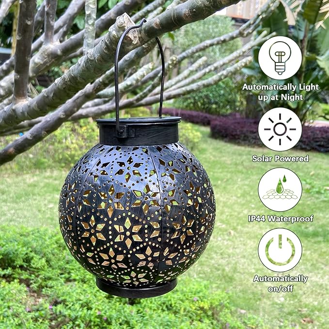 2 Pack Outdoor Solar Lantern Lights, Waterproof Tabletop LED Moroccan Lanterns, Hanging Metal Decorative Garden Lights for Patio, Lawn, Porch, Backyard-CasaMuseHome