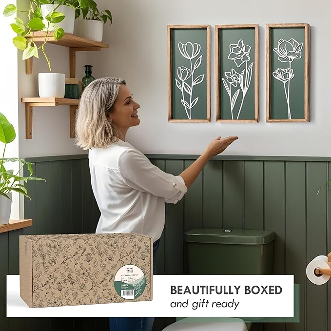 3D Floral Green Wall Art (Set of 3) Lightweight, Wooden Ready-to-Hang Boho Framed Wall Art for Bathroom, Master Bedroom, Living Room or Office - Premium Sage Green Farmhouse Decor - Gift-Boxed-CasaMuseHome