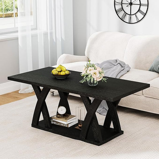 47” Wood Coffee Tables for Living Room Rustic Stands with Storage Shelf Black Coffee Tables for Living Room Farmhouse Center Stands with Shelf Farmhouse Rectangle Center Table-CasaMuseHome