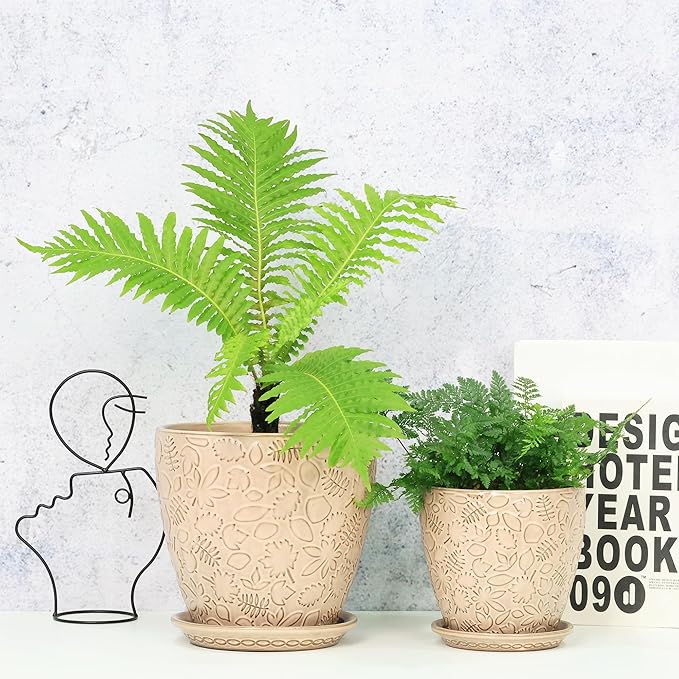 8 Inch + 6 Inch Retro Ceramic Planter Set of 2 with Drainage Hole and Saucer for Multiple Plants, Indoor-Outdoor Garden Pots for Succulent, Orchid, and Flower (Retro Peach)-CasaMuseHome