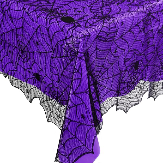 2Pcs Halloween Tablecloths, Black Lace & Purple Lined Rectangular Table Cloth, Spider Web Table Cover for Scary Halloween Decorations Indoor, 54 x 72 Inch-CasaMuseHome